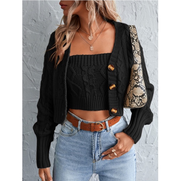 Rouge! Sweaters - 2 Piece Knit Set: Black Tube Top & Cardigan
